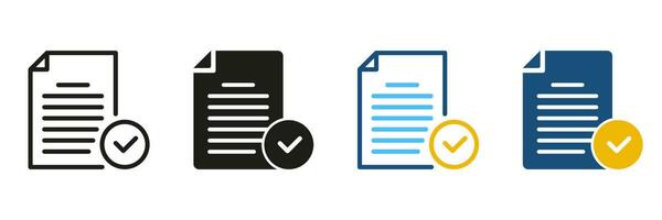 Document with Check Mark Line and Silhouette Icon Set. Approved Form Black and Color Pictogram. File with Checkmark, Accepted Report Symbol Collection. Checklist Sign. Isolated Vector Illustration.