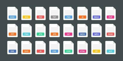 Set file icon. File and document formats in flat style design. Popular file types icon design. Video, audio, system, image, archive template design set. Vector illustration