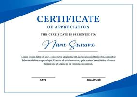 Elegant blue gradient color certificate template, appreciation for business and education vector