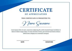 Elegant blue gradient color certificate template, appreciation for business and education vector