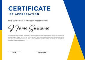 Modern blue and yellow certificate template with abstract shapes design, appreciation for business and education vector