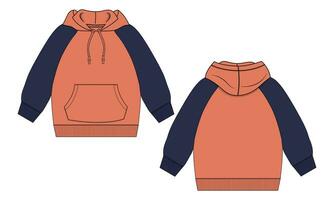 sudadera con capucha de manga larga con cremallera vista frontal y trasera de la plantilla de dibujo técnico de moda. ropa vestido diseño vector ilustración maqueta