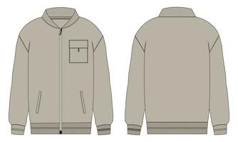 Long sleeve jacket with pocket and zipper technical fashion flat sketch vector illustration template front and back views. Fleece jersey sweatshirt jacket for men's and boys.