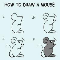 Step by step to draw a Mouse. Drawing tutorial a Mouse. Drawing lesson for children. Vector illustration.