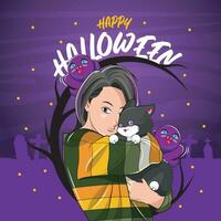 Happy Halloween concept. Beautiful young woman with cute cat on purple background vector illustration pro download