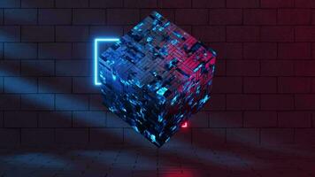 Glowing neon lines with cubic material, 3d rendering. video