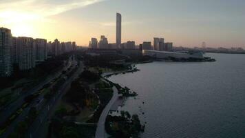 Sunrise with CBD buildings. Aerial in Suzhou, China. video
