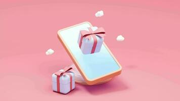 lus animatie van mobiel telefoon en geschenken, 3d weergave. video