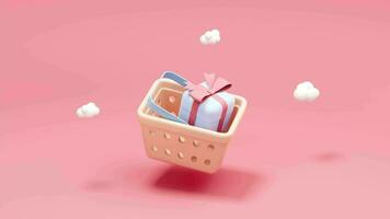 Loop animation of shopping basket and gifts, 3d rendering. video