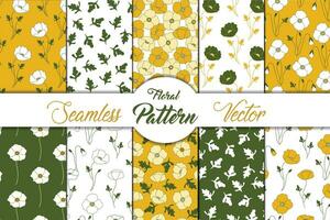Poppy flowers with leaves seamless repeat set of pattern vector