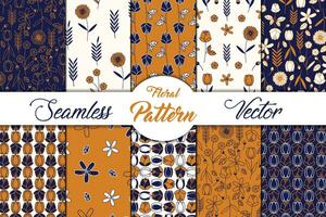 Flowers with navy blue and brown shades white background seamless repeat vector pattern set