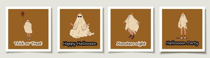 Set of Halloween cards with Set of four  People in Halloween costume. Ghost. Flat design style vector illustration.Greeting cards with Magic items.