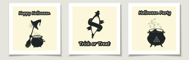 Set of Halloween cards with Set of three Cartoon witches cauldron with potion, bubbles , witchcraft, boiling potions. Symbol of Halloween vector