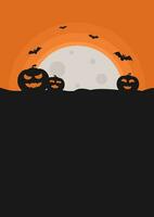 halloween poster template with full moon, scary pumpkin, and bat on orange background. copy space halloween background vector