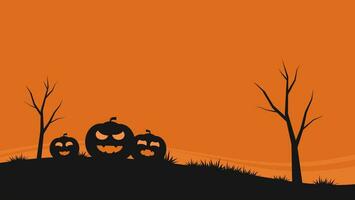 halloween illustration with silhouette of pumpkin and dead tree on orange background. halloween template background with copy space for text vector