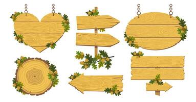 Wooden signs and signs with oak branches and acorns set. Road signs in the form of an arrow with a wood texture. Hanging signs. Cut down an oak tree with annual rings. Vector illustrated element.