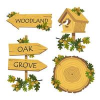 Wooden pointers with oak leaves and acorns set. Road signs in the form of an arrow with a wood texture. Birdhouse with a bird. Cut down an oak tree with annual rings. Vector illustrated element.