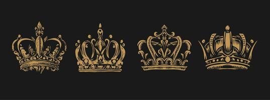 Vector hand drawn gold crown set. Vintage engraved pack sketch illustration.