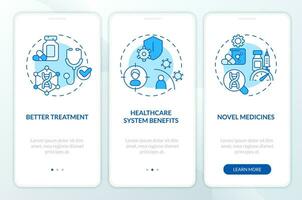 Benefits of precision medicine blue onboarding mobile app screen. Walkthrough 3 steps editable graphic instructions with linear concepts. UI, UX, GUI template vector