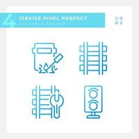 Railroad maintenance pixel perfect gradient linear vector icons set. Railway track repair. Engineering work. Thin line contour symbol designs bundle. Isolated outline illustrations collection