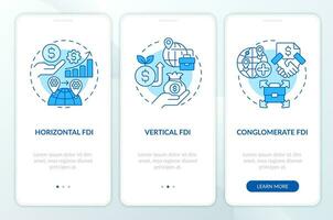 Blue thin line icons representing foreign direct investment mobile app screen set. 3 steps editable graphic instructions, UI, UX, GUI template. vector