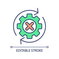 Automation mistake RGB color icon. Broken process. Software testing. Performance evaluation. Gear settings. Update error. Isolated vector illustration. Simple filled line drawing. Editable stroke