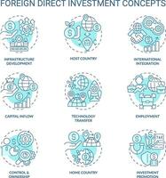 Editable icons set representing foreign direct investment concepts, isolated vector, thin line illustration. vector