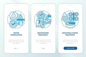 Water treatment blue onboarding mobile app screen. Purification walkthrough 3 steps editable graphic instructions with linear concepts. UI, UX, GUI template vector