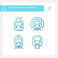 Passenger train pixel perfect gradient linear vector icons set. Steam locomotive. Rail transportation. High speed. Thin line contour symbol designs bundle. Isolated outline illustrations collection