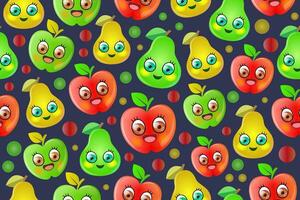 apples and pears colorful seamless pattern. Smiling happy cartoon fruits repeating, endless pattern. vector