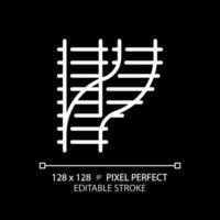 Railroad switch pixel perfect white linear icon for dark theme. Rail turnout. Railway junction. Train crossroad. Thin line illustration. Isolated symbol for night mode. Editable stroke vector