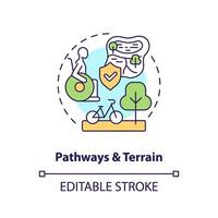 Pathways and terrain concept icon. Wheelchair access. Mobility aid. No barrier. Safe environment. Outdoor space abstract idea thin line illustration. Isolated outline drawing. Editable stroke vector