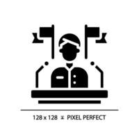 2D pixel perfect glyph style icon representing election candidate with banner, isolated vector illustration of voting.