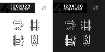 Railroad maintenance pixel perfect linear icons set for dark, light mode. Railway track repair. Engineering work. Thin line symbols for night, day theme. Isolated illustrations. Editable stroke vector