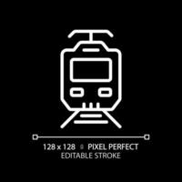 Electric train pixel perfect white linear icon for dark theme. Modern locomotive. Railway electrification. Overhead lines. Thin line illustration. Isolated symbol for night mode. Editable stroke vector