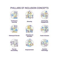 Pillars of inclusion concept icons set. Equal opportunity. Sustainable development. Anti discrimination. Social justice idea thin line color illustrations. Isolated symbols. Editable stroke vector