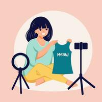 Female blogger product review sharing media content in the internet social media vector