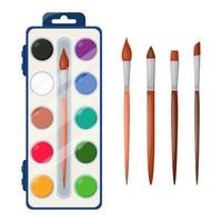 Colored paint and variety brush for art school, office, workshops. Colorful drawing tools for kids, pupils and students. Painting supplies, art party. Back to school and education concept. Vector