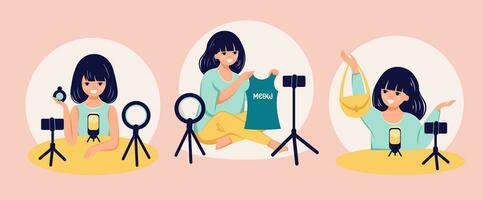 Female blogger product review sharing media content in the internet social media vector