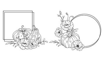 Thanksgiving Frame Outline. Pumpkins Line Art Illustration, Outline Pumpkin arrangement Hand Drawn Illustration. Coloring Page with Pumpkins.  Thanksgiving Pumpkins set. vector