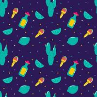 Vector flat Mexico seamless pattern with tequila, lime, maracas and cactus