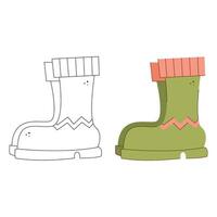 Rubber boots with zigzag. Black and white and color clipart vector illustration.