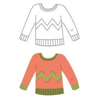 Warm jumper with zigzag pattern. Black and white and color clipart vector illustration.