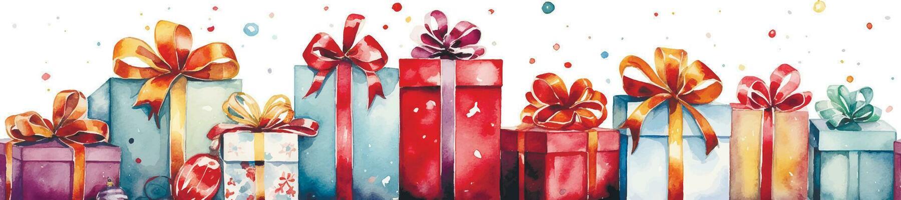 watercolor drawing. seamless border, frame with christmas gifts. new year design, vintage
