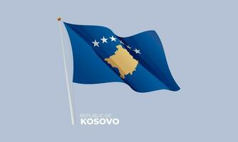 Kosovo national flag waving at the flagpole. Vector 3D