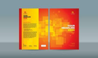 Random stacked transparent yellow squares on red gradation background, front, and back side. A4 size book cover template for annual report, magazine, booklet, proposal, portfolio, brochure, poster vector