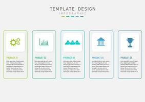 Business infographic template simple step 5 product options top white square with multi colored icons bottom center with lettering Outer multicolored square frame gray gradient background vector