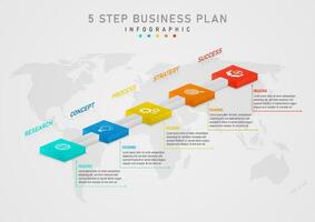 3D multi colored square business plan infographic template 5 steps with white icons on top Isometric alignment in the middle Left and right have letters. map below gray gradient background vector