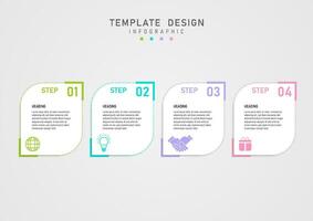 infographic template 4 business steps white acute squares and multi color frame numbers in the upper right corner lower left corner icon gray gradient background design for marketing, product, project vector