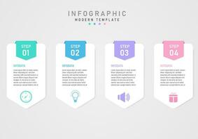 infographic template simple 4 steps business white pointed squares with letters and icons below with multi colored pointed squares above with white numbers in the middle. gray gradient background vector